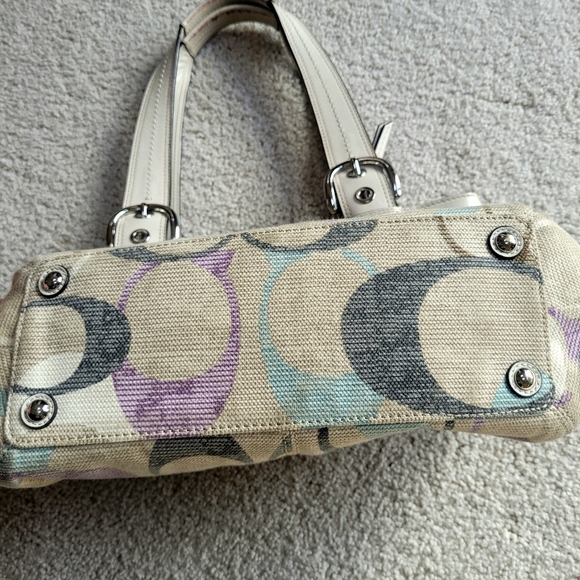 Coach Soho Linen Op Art Tote #16591 White Leather Purple Satin Interior - Picture 7 of 14